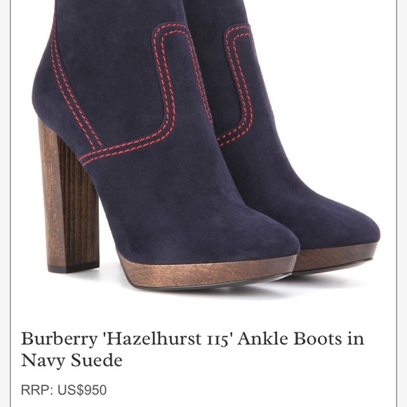Burberry ankle boot, Hazelburst 115, blue suede, wood-effect heel. Red stitching - Picture 8 of 8